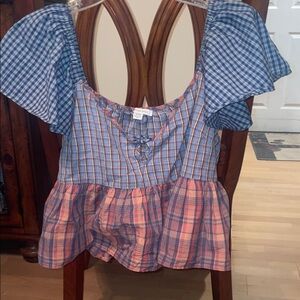 American Eagle Outfitters Blue and Pink Plaid Short Sleeve Top